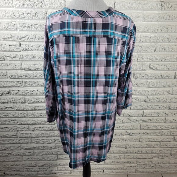 Cato Est 1946 Women Top 18W 20W Lace Up 3/4 Sleeve Blue Plaid PLA56E - Picture 5 of 8